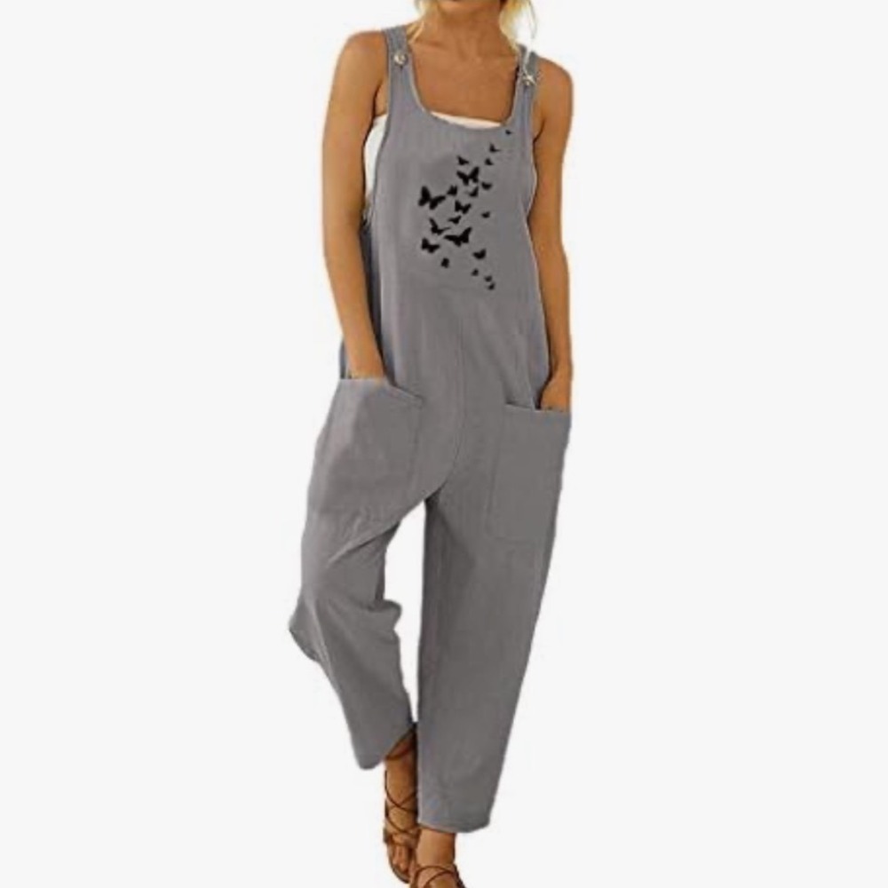 Chouyatou Grey Cotton Embroidered Butterfly Jumpsuit Overalls Boho Lagenlook